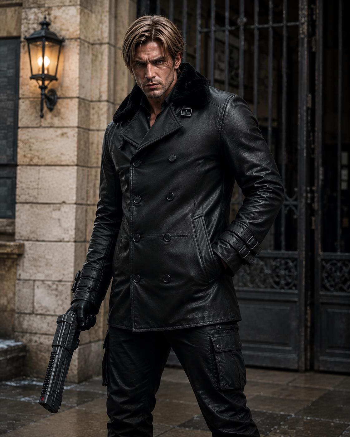Leon Kennedy Requiem Leather Coat | Double Breasted Fur Collar Cosplay Jacket