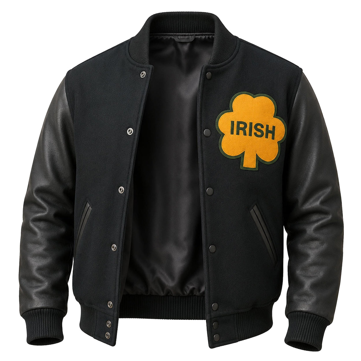 Notre Dame Varsity Jacket: Wool Blend Body, Leather Sleeves, Chenille Patches – Irish Bomber Style