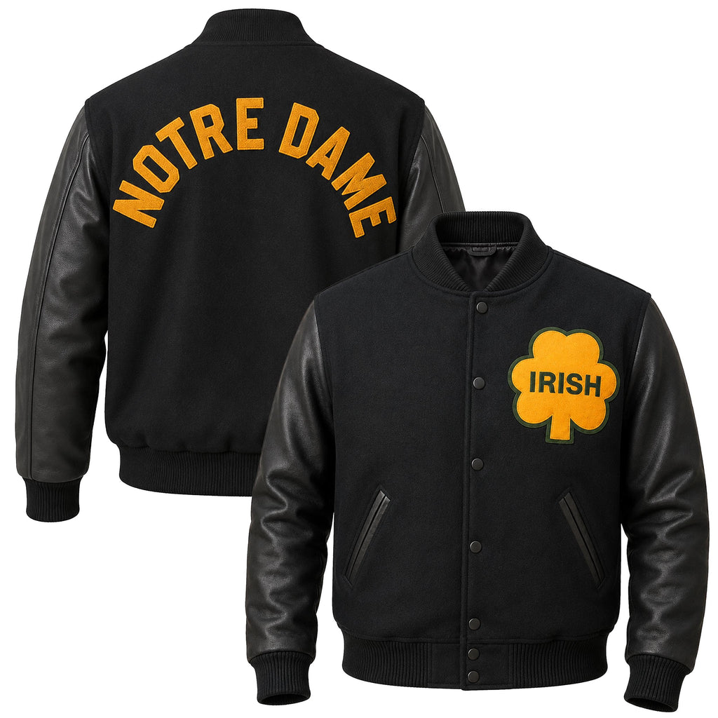 Notre Dame Varsity Jacket: Wool Blend Body, Leather Sleeves, Chenille Patches – Irish Bomber Style