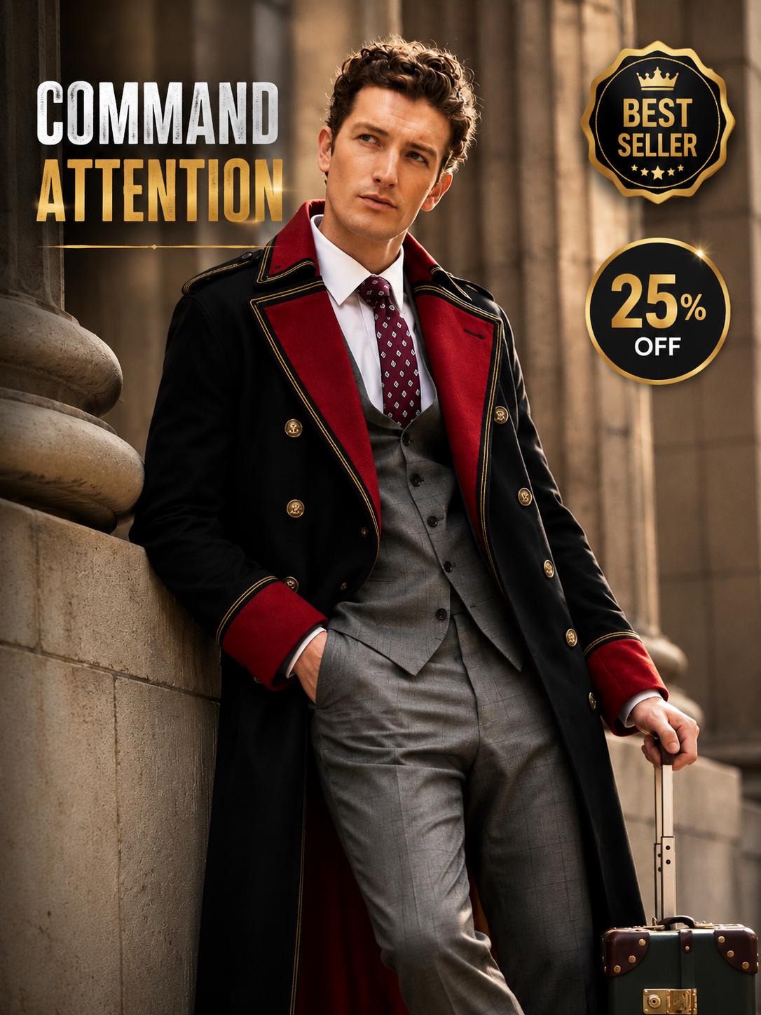 Cotton Military Trench Coat: Red Trim, Sci-Fi Cosplay | Gift for men