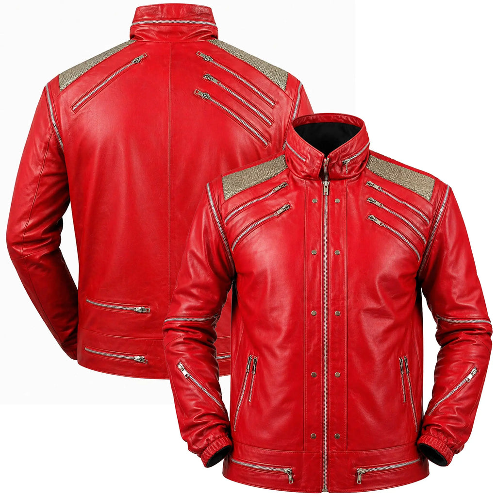 DUAZAN MJ Beat It Red Leather Jacket – Iconic Michael Jackson Inspired Biker Style Duazan