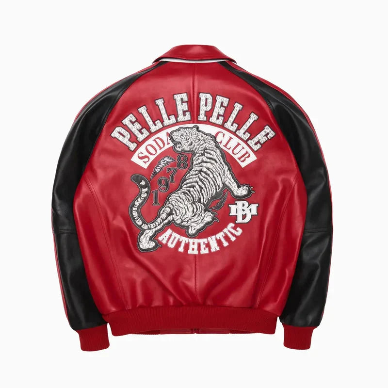 Duazan Red Soda Club Leather Bomber Jacket for Men Duazan