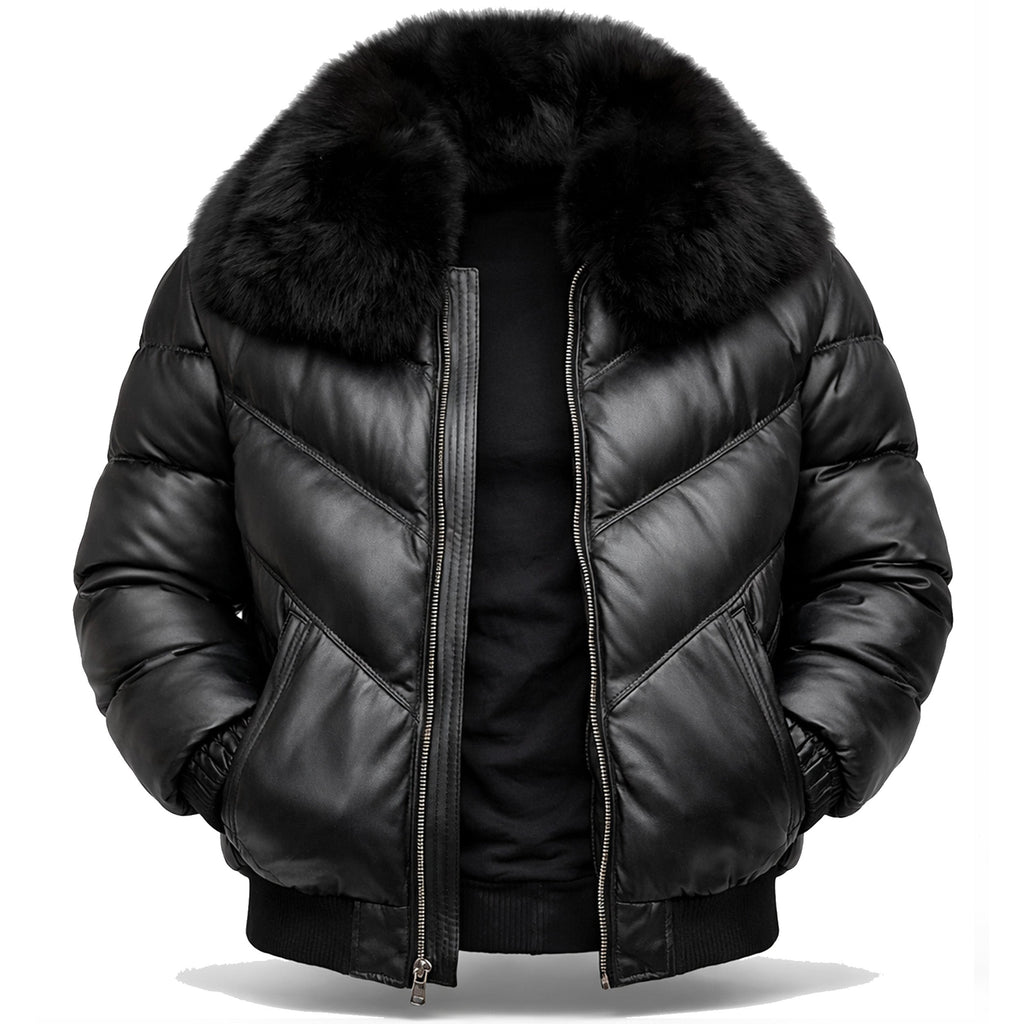 DUAZAN Black Arrows Fur Collar Leather Puffer Jacket Duazan