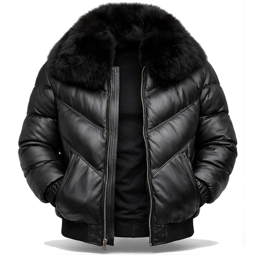 DUAZAN Black Arrows Fur Collar Leather Puffer Jacket Duazan