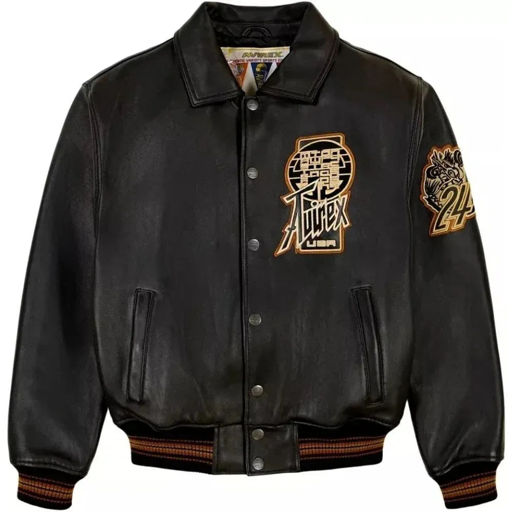 Avirex Black Real Leather Varsity Jacket – Premium Streetwear Style Duazan