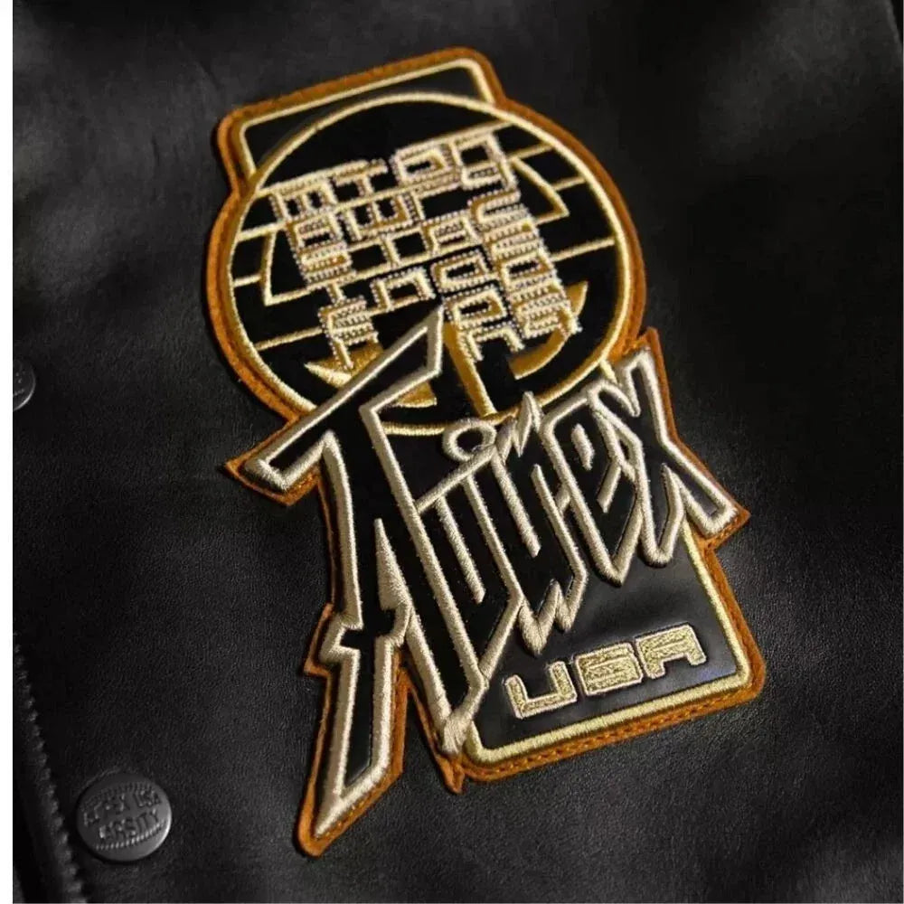 Avirex Black Real Leather Varsity Jacket – Premium Streetwear Style Duazan