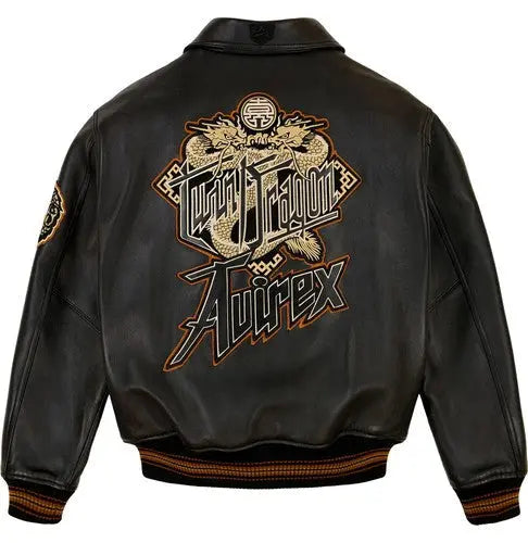 Avirex Black Real Leather Varsity Jacket – Premium Streetwear Style Duazan